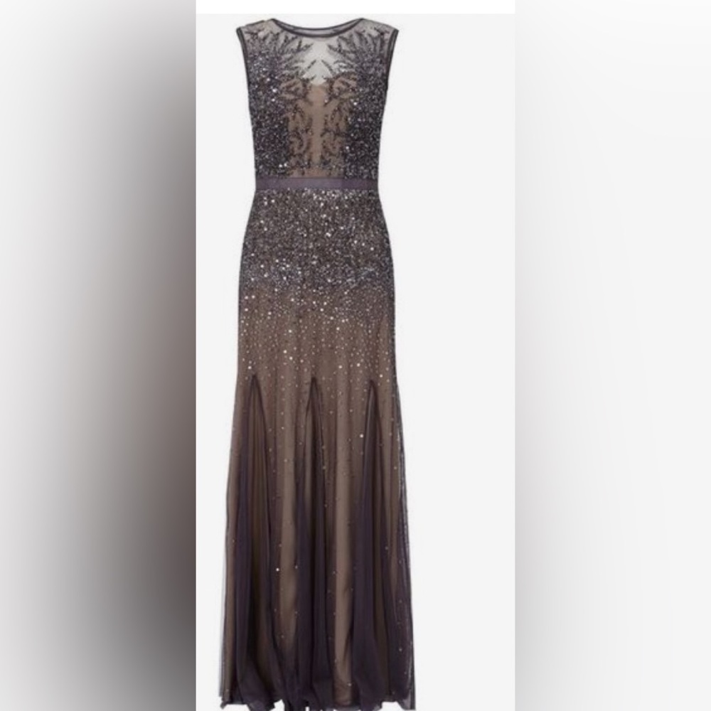 graphite & taupe Adrianna Papell Beaded sequins Mermaid Mesh Gown size 2 petite